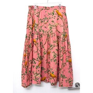 Agua Bendita Pink Canarios Midi Skirt Bird Tree Branches Floral Print Linen L